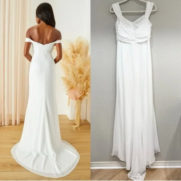 NWOT Lulus Excellent Elegance White Pleated Off-the-Shoulder Maxi Dress - Picture 5 of 9